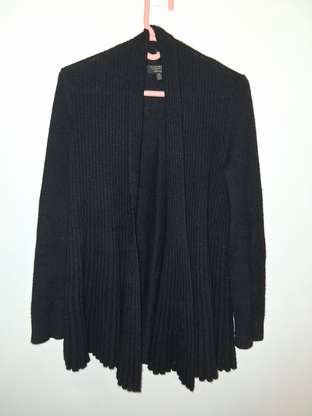 Cashmere Charter Club Black Ribbed Open-Front Drape Cardigan